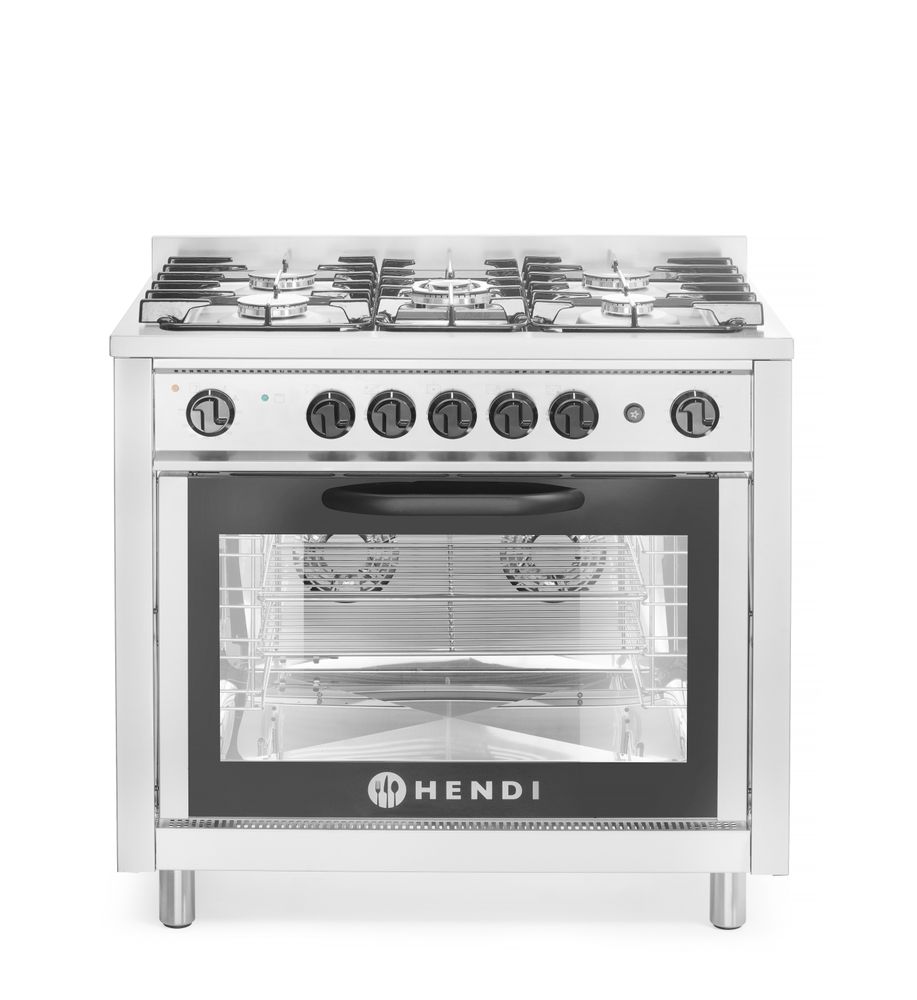 Gasfornuis - 5 pits met elektrische oven | HENDI | Kitchen Line | Zilver | 230V/2900W | 14,3kW | 900x653x(H)900mm