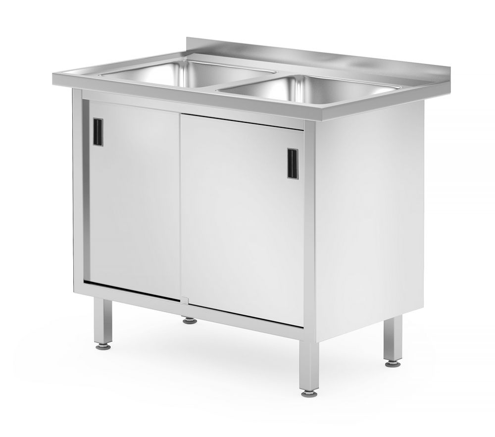 Tafel met 2 spoelbakken | kast | Gelast | met schuifdeuren | HENDI | Profi Line | 1000x600x(H)850mm