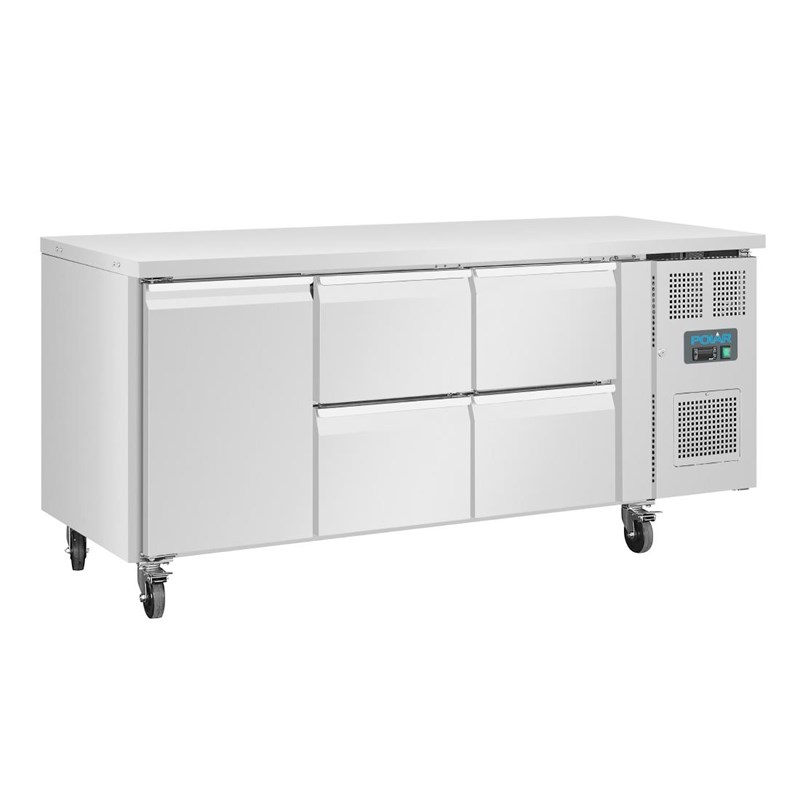 Polar U-serie koelwerkbank 1 deur 4 lades 358L | UA020| Energielabel B | 70x179,5x86(H)cm